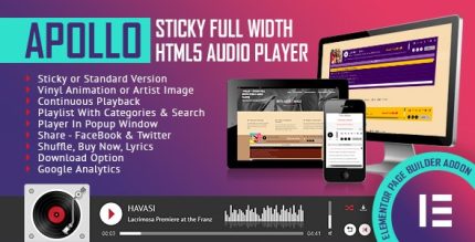 Apollo - Sticky Full Width HTML5 Audio Player Elementor Widget