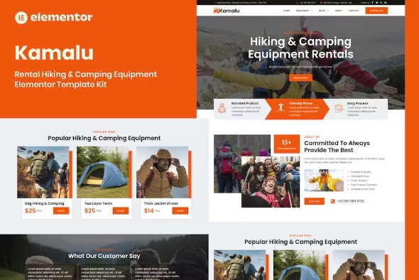 Kamalu 1.0 – Rental Hiking & Camping Equipment Elementor Pro Template Kit