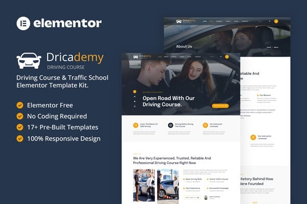 Dricademy 1.0 – Driving Course & Traffic School Elementor Template Kit