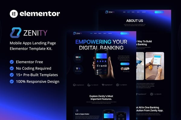 Zenity 1.0 – Mobile App Landing Page Elementor Template Kit