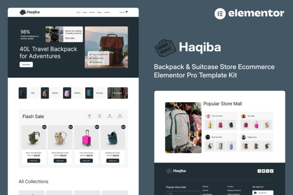 Haqiba  – Backpack & Suitcase Store Ecommerce Elementor Pro Template Kits