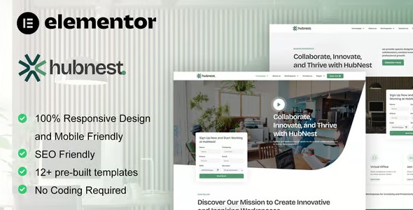 Hubnest 1.0 – Coworking Space & Virtual Office Elementor Pro Template Kit