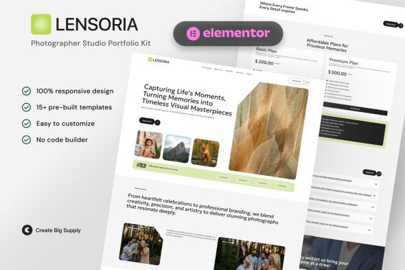 Lensoria  – Photographer Studio Portfolio Elementor Template Kits