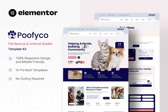 Poofyco  – Pet Rescue & Animal Shelter Elementor Template Kits