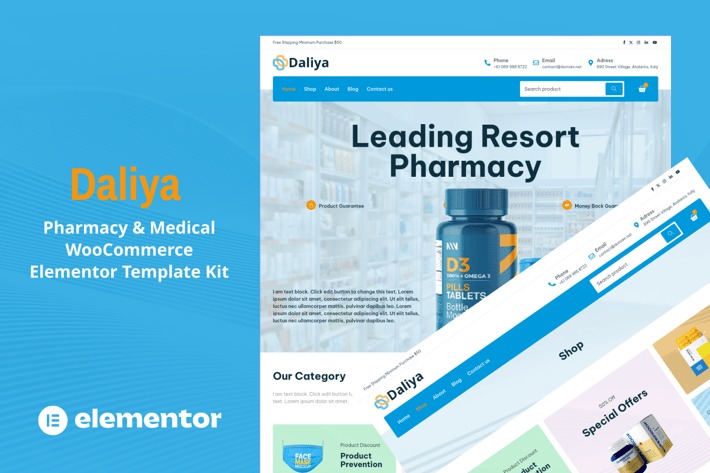 Daliya 1.0 – Pharmacy & Medical Store WooCommerce Elementor Pro Template Kit