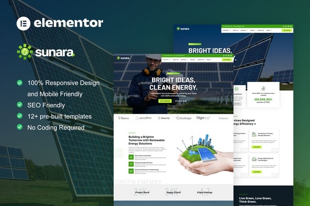 Sunara  – Solar & Renewable Energy Elementor Pro Template Kit