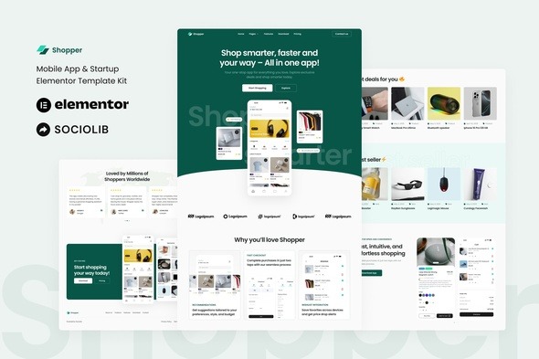 Shopper 1.0 – Mobile App & Startup Showcase Elementor Template Kit