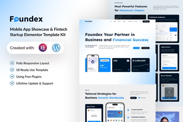 Foundex 1.0 – Mobile App Showcase & Fintech Startup Elementor Template Kit
