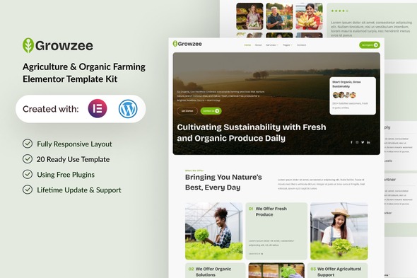 Growzee 1.0 – Agriculture & Organic Farming Elementor Template Kit