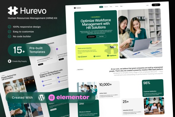 Hurevo 1.0 – Human Resources Management HRM SAAS Platform Elementor Template Kit