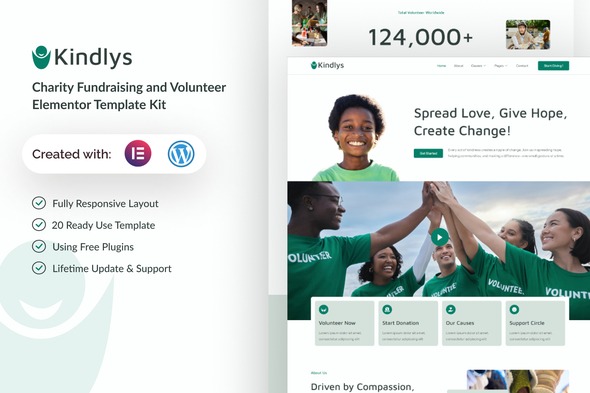 Kindlys 1.0 – Charity Fundraising & Volunteer Elementor Template Kit