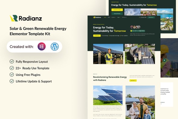 Radianz 1.0 – Solar & Green Renewable Energy Elementor Template Kit