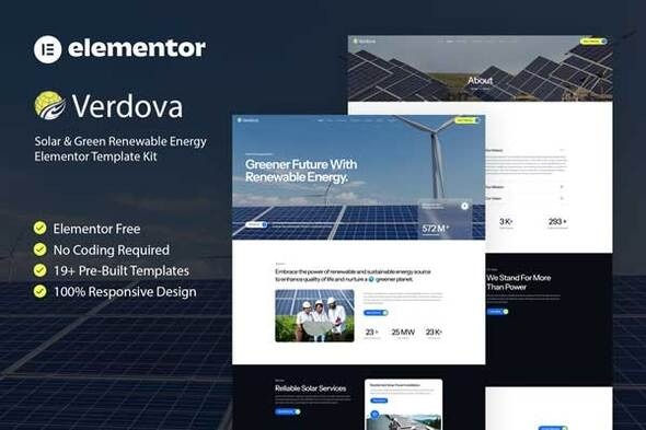 Verdova 1.0 – Solar & Green Renewable Energy Elementor Template Kit