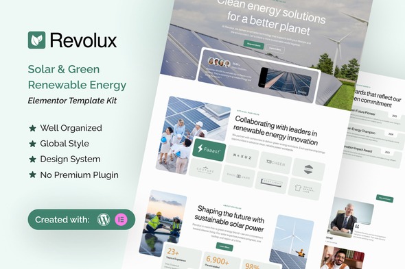 Revolux 1.0 – Solar & Green Renewable Energy Elementor Template Kit