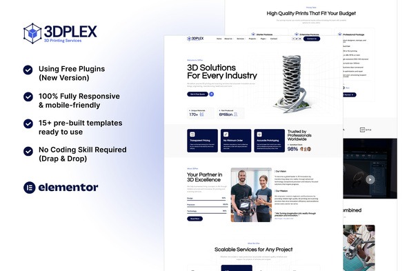3DPlex 1.0 – 3D Printing Services Elementor Template Kit