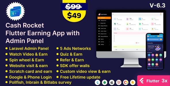 Cash Rocket 6.3 – Flutter Online Earning App with Admin Panel