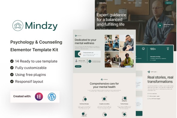 Mindzy 1.0 – Psychology & Counseling Elementor Template Kit