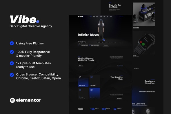 Vibe 1.0 – Dark Digital Creative Agency & Portfolio Elementor Template Kit