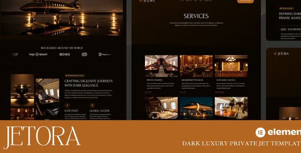 Jetora 1.0 – Dark Luxury Private Jet Elementor Template Kit