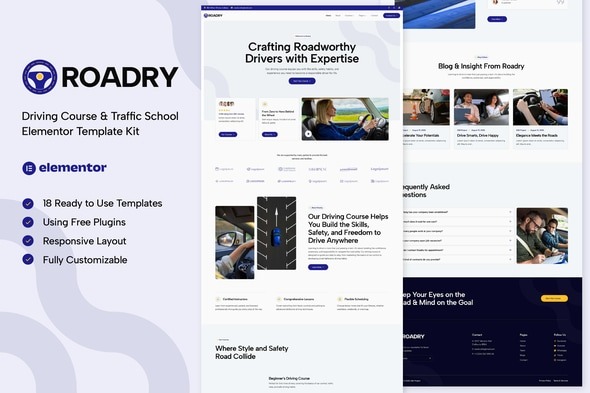 Roadry 1.0 – Driving Course & Traffic School Elementor Template Kit