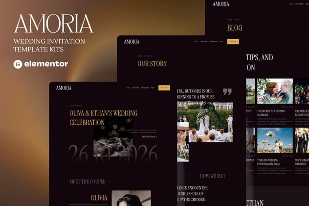 Amoria 1.0 – Dark Luxury Wedding Invitation Website Elementor Template Kits