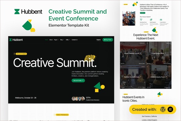 Hubbent 1.0 – Creative Summit & Event Conference Elementor Template Kit