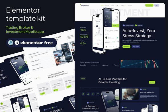 Invemon  – Mobile Apps Trading & Investment Elementor Template kit