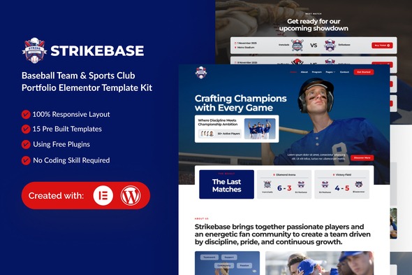 StrikeBase  – Baseball Team & Sport Club Elemtor Template Kit