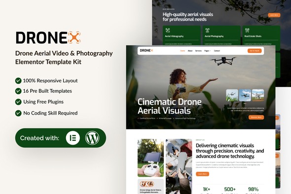 Dronex  – Drone Aerial Video & Photography Elementor Template Kit