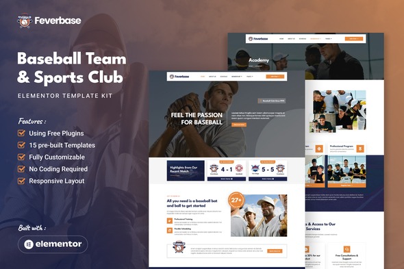 Feverbase  – Baseball Team & Sports Club Elementor Template Kit