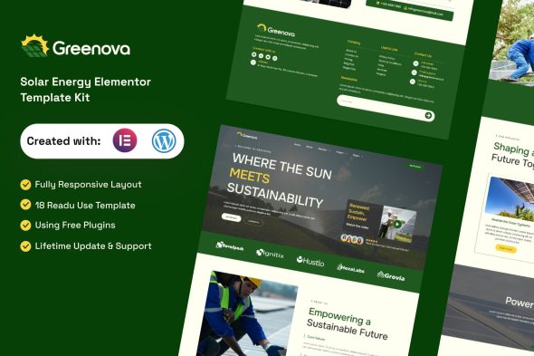 Greenova  – Solar & Green Renewable Energy Elementor Template Kit