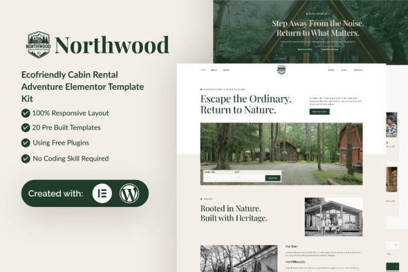 Northwood  – Eco-Friendly Cabin Rental Adventure Elementor Template Kit