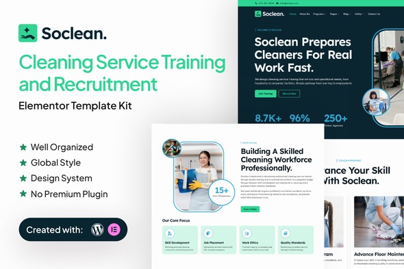 Soclean  – Cleaning Service Training and Recruitment Elementor Template Kit
