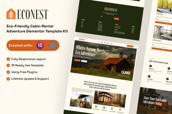 Econest  – Eco-Friendly Cabin Rental Adventure Elementor Template Kit