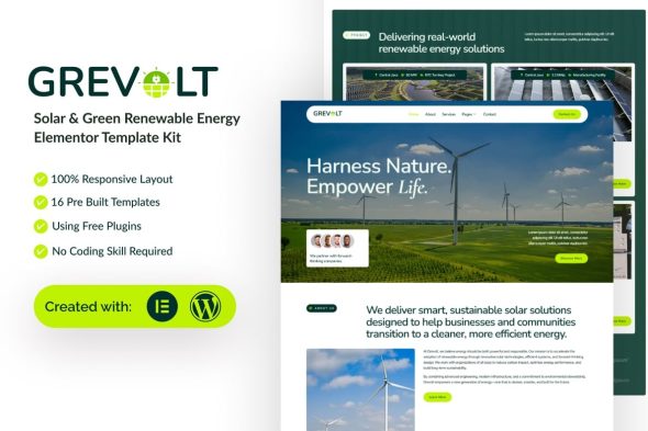 Grevolt  – Solar & Green Renewable Energy Elementor Template Kit