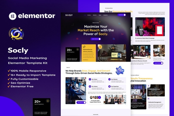 Socly  – Social Media Marketing Agency Elementor Template Kit