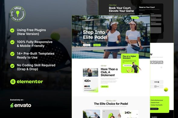 Velo  – Padel Club & Community Elementor Template Kit