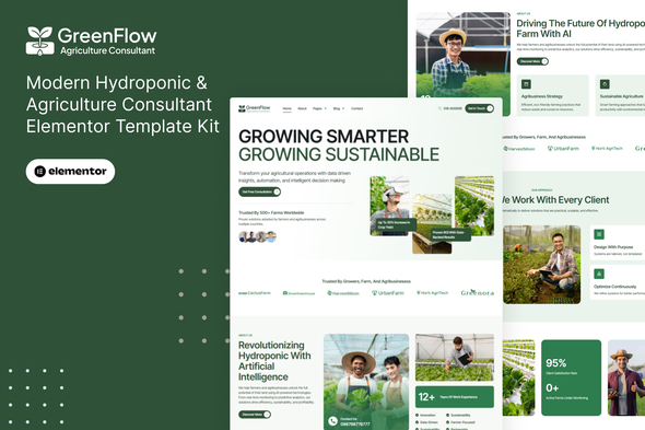 GreenFlow  – Modern Hydroponic & Agriculture Consultant Elementor Pro Template Kit