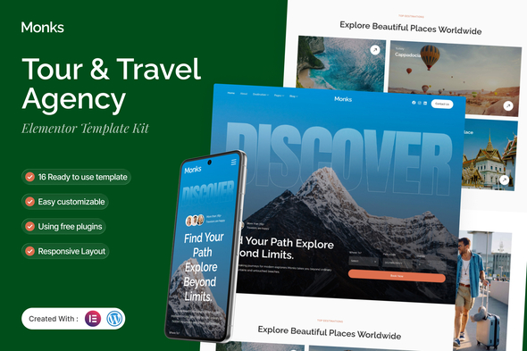 Monks  – Tour & Travel Agency Elementor Template Kit