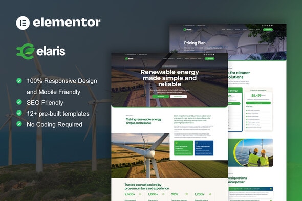 Elaris  – Solar & Renewable Energy Elementor Pro Template Kit