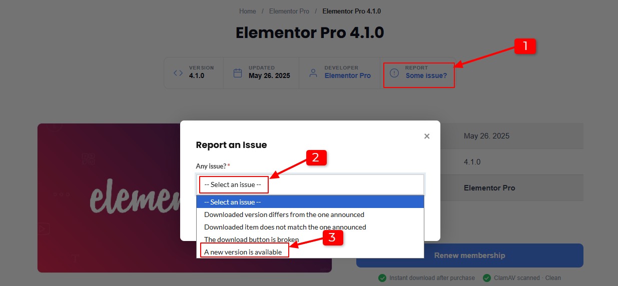 Report an issue popup showing the version request flow on a product page