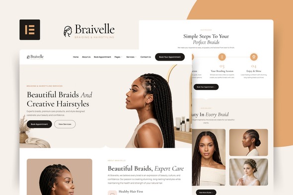 Braivelle  – Braiding & Hairstyling Services Elementor Template Kit
