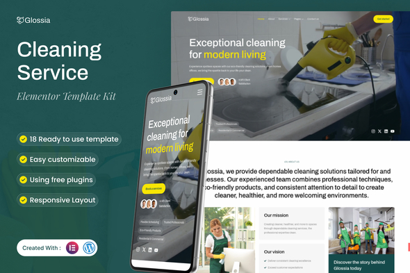 Glossia  – Cleaning Service Elementor Template Kit