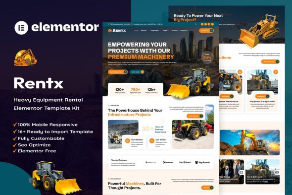 Rentx  – Heavy Equipment Rental Elementor Template Kit